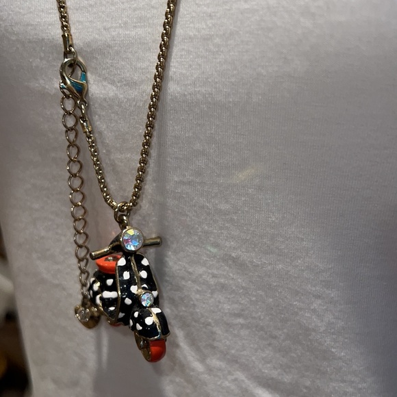 Betsey Johnson Mod Black & Orange Scooter w/ Spinning Wheels Pendant Necklace - Picture 4 of 9